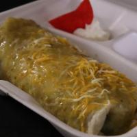 Burrito Chile Verde · Stuffed with rice and beans. Covered with tomatillo sauce, cheese and sour cream on the side.