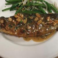 Trout Amandine · Whole rainbow trout, white wine, toasted almonds, lemon. Served with mashed potatoes and mix...