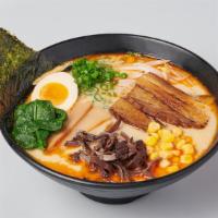 Spicy Miso Ramen · thick ramen noodle, protein, spinach, egg, bean sprout, green onion, shredded mushroom, corn...