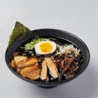 Black Ramen · thin ramen noodle, protein, black garlic oil, egg, bean sprout, shredded mushroom, bamboo, s...
