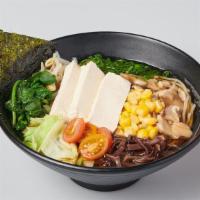 Vegan Ramen · thick organic ramen noodle, tofu, spinach, broccoli, cabbage, bean sprout, corn, shredded mu...