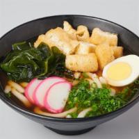 Udon · udon, egg, fish cake, seaweed, shredded mushroom, spinach, tempura crumbs, green onion in da...