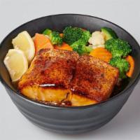 Salmon Bowl · baked salmon with teriyaki sauce over rice with steamed vegetable