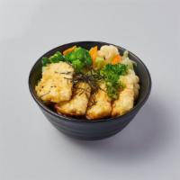 Veggie Bowl · fried tofu with teriyaki sauce, seaweed, red pepper over rice with steamed vegetable