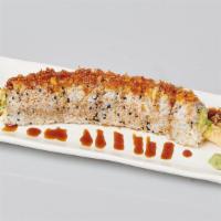Crunchy Roll · shrimp tempura, crab meat, avocado, cucumber roll with crunchy and eel sauce and spicy mayo
