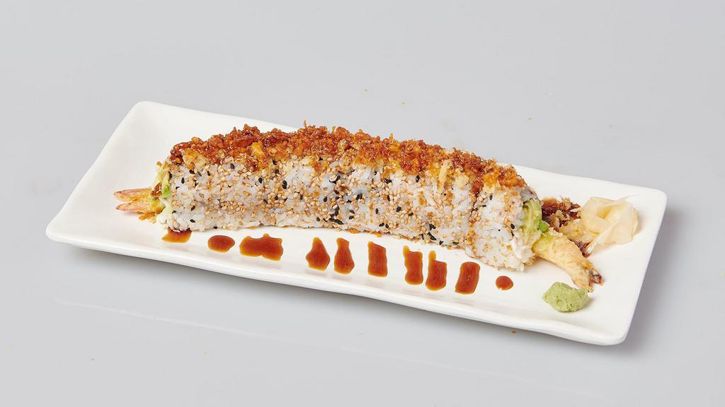 Crunchy Roll · shrimp tempura, crab meat, avocado, cucumber roll with crunchy and eel sauce and spicy mayo