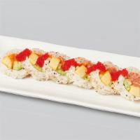 Tropical Roll · salmon, spicy tuna, mango, masago, avocado, cucumber soy wrap roll with tobiko
