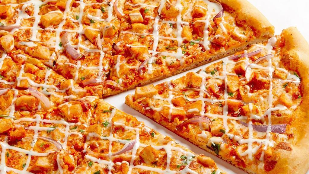 Buffalo Chicken · XL NY Pizza made with fresh, hand-stretched dough, topped with buffalo sauce, 100% whole milk mozzarella, buffalo sauce, grilled chicken, red onion, drizzled with ranch dressing. Made fresh daily..