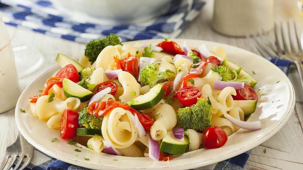 Pasta Salad · A mix of red and green peppers, carrots, broccoli, black olives with rotini noodles tossed with Italian dressing. .