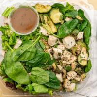 Chicken Bowl · A bed of leafy greens topped with our house seasoned, organic quiona. Loaded with roasted zu...
