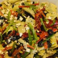 Mediterranean Artichokes & Cheese Salad · Baby heart artichokes, black olives, sundried tomatoes, red and green bell peppers, feta and...