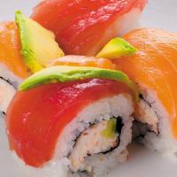 Rainbow Maki · 6pcs kani & avocado inside topped with salmon, tuna, shrimp, white fish & avocado.