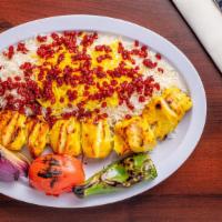 Zeresk Polo · Basmati rice mixed with barberries served with chicken kabob.