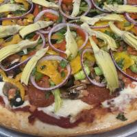 Vegetarian · House sauce, mozzarella blend, mushrooms, black olives, red and green onions, freshly diced ...