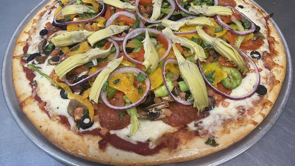 Vegetarian · House sauce, mozzarella blend, mushrooms, black olives, red and green onions, freshly diced and sun dried tomatoes, artichoke hearts, bell peppers.