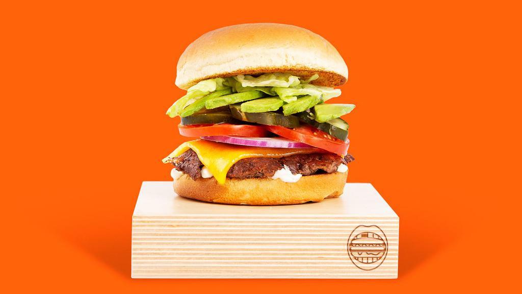 Cali Cheese Smashmouth · Our signature smashed hamburger patty topped with avocado, lettuce, tomato, onion, pickles, and mayo.