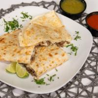 Quesadilla · Tacos Arandas Food Truck favorite: Giant flour tortilla filled with melted jack cheese and y...