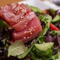 Seared Tuna Salad · Organic baby field greens, julienne cut carrots, grape tomatoes, persian cucumbers, scallion...