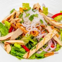 Chinese Chicken Salad · Chopped romaine lettuce, chicken breast, grated carrots, bell pepper, red onions, cilantro, ...
