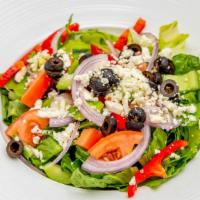 Greek Salad · Chopped romaine lettuce, red onions, tomatoes, cucumbers, feta cheese, black olives, red win...