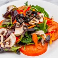 Veggie Mix Salad · Mixed green lettuce, grated carrot, bell pepper, mushroom, broccoli, black olives, honey lim...