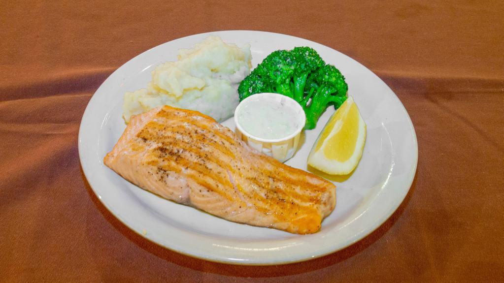 Broiled Salmon · Served with mashed potatoes and vegetables