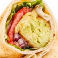 Falafel Wrap · Classic falafel wrap with lettuce, tomatoes and tzatziki sauce wrapped in tortilla.