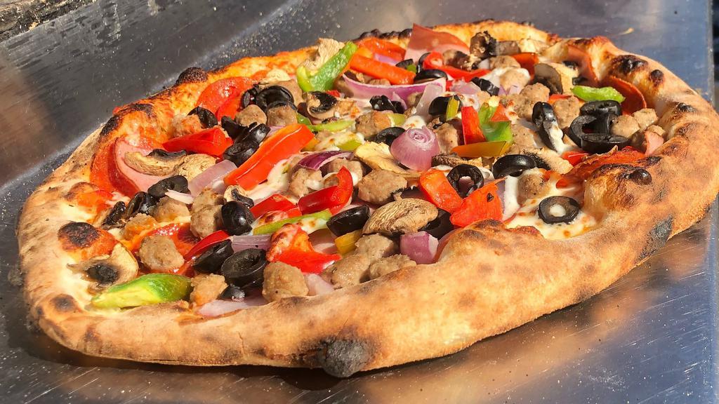 Large Combo · Red sauce, mozzarella cheese, bell peppers, onions, olives, portobello mushrooms, pepperoni, sausage, bacon.