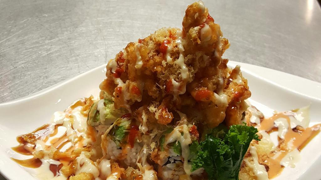 Popcorn Lobster · Crab, tuna, ebi, avocado, d.f crawfish.

These item may be served raw or undercooked based.