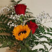 Rose Arrangement With Red Glass Vase · 2 Red rose 1 sun flower with red glass vase