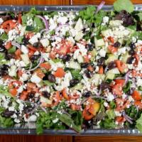 Greek Salad Tray (Serves 10) · Fresh organic mixed greens, chopped roma tomatoes and Persian cucumbers with Shaved Carrots ...