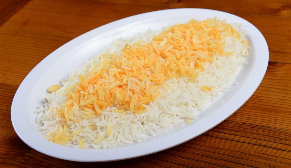 Saffron Basmati Rice · Imported long grain saffron infused basmati rice.