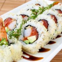 Spicy Crunchy Tempura Roll · Spicy Tuna Mix, Shrimp Tempura, Avocado, Crispy in outer layer, topped with Eel Sauce and Gr...