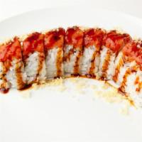Red Bull Roll · 484 calories. Crunch tempura roll topped with spicy tuna. Garnished w/unagi sauce.