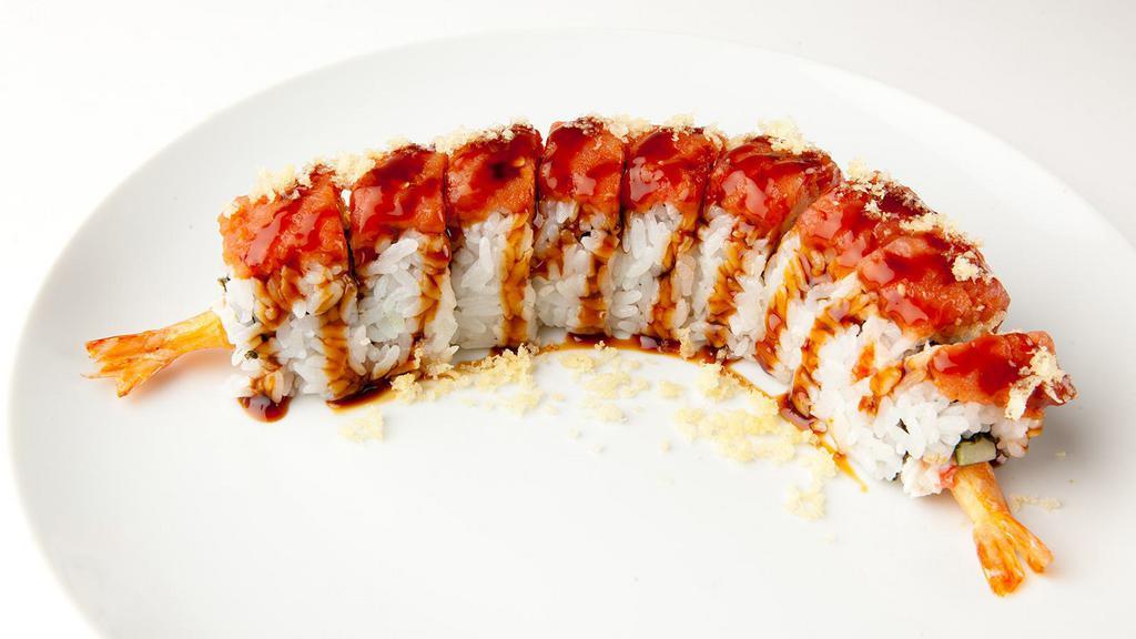 Red Bull Roll · 484 calories. Crunch tempura roll topped with spicy tuna. Garnished w/unagi sauce.