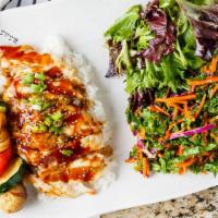 Chicken Breast Plate · Grilled teriyaki chicken breast with two choice salads and white rice.
