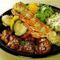 Shrimp & Chicken Plate · Charbroiled chicken teriyaki with grilled shrimp skewers, garnished with sesame seeds and gr...