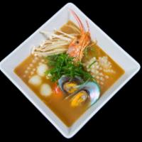 Seafood Ramen · Seafood flavored broth, assorted seafood, Japanese style ramen noodles, enoki mushrooms, dri...