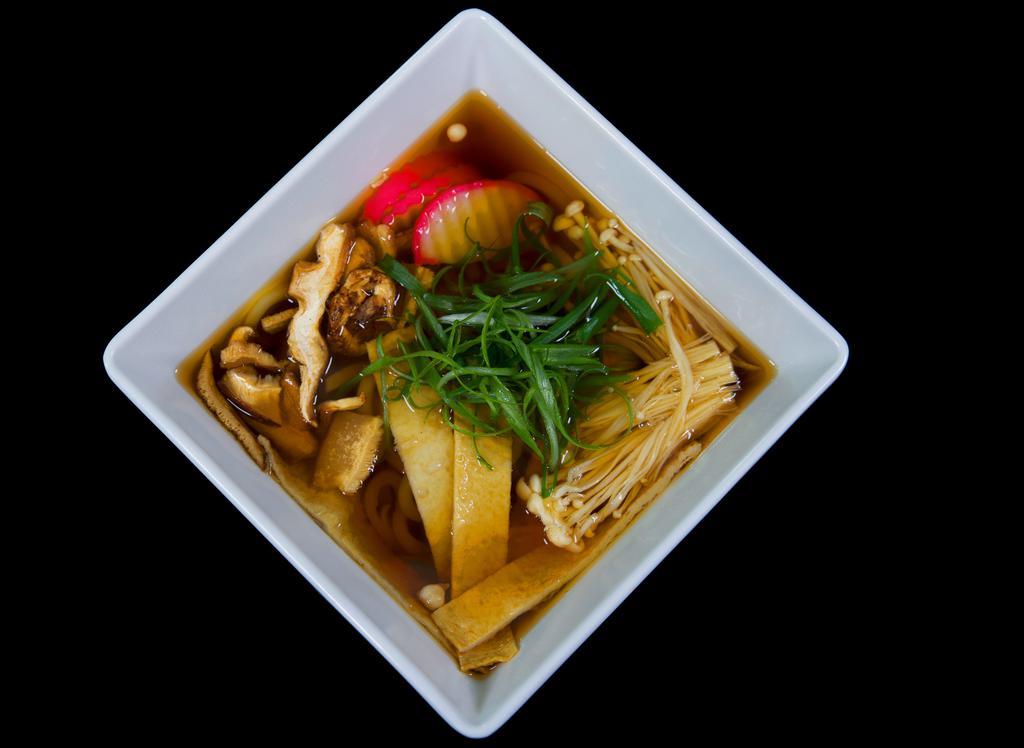 3 Pcs Sushi Nikiri Udon Soup · Udon soup( Udon broth, Japanese style udon noodles, enoki mushrooms, dried mushrooms, fish cake, fried tofu, dried seaweed, and green onion) and 3 pcs sushi nikiri (chef's choice).