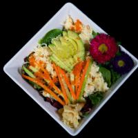 Crab Salad · Crab meat, fresh spring salad, cucumber, carrots, and avocado slices, and special dressings.