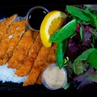 Chicken Katsu Plate · Deep fried breaded chicken breast, steamed rice, fresh spring salad, sesame dressing, and ka...