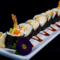 Shrimp Ninja Roll · Shrimp tempura, crab meat, cream cheese, cucumber, carrot, and eel sauce.