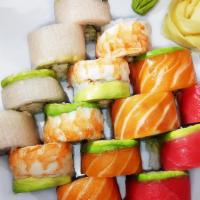 Sushi Sampler Rolls · 4 pcs Salmon Lover, 4 pcs Blue Fish roll, 4 pcs Shrimp Lover roll, and 4 pcs Tuna Lover roll.