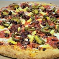 Pizza Fuego - Large · Marinara sauce, pepperoni, bacon, onion, pineapple and jalapeños.
