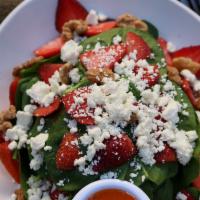 Rc Spinach · Vegetarian. Tender baby spinach, feta cheese, candied walnuts, strawberries with blood orang...