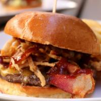 Cheyenne Burger (New) · Ground short rib and brisket patty, applewood bacon, crispy fried onions, cheddar cheese, an...