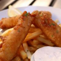 Beer Battered Fish & Chips · Served with artichoke caper tartar sauce