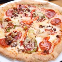 The Combo · Pepperoni, Italian sausage, peppers, onions, cheese and house-made marinara.