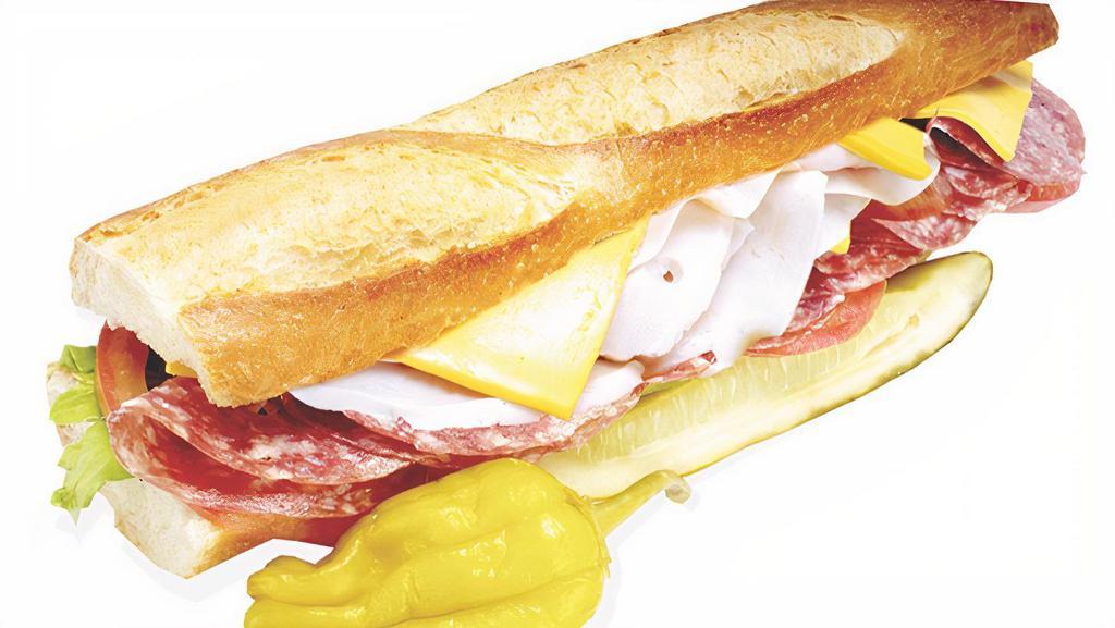 Turkey, Salami & Cheese Baguette Sandwich · Served on a ten-inch baguette. Includes cheese (your choice), lettuce, tomato, and mayonnaise. Dill pickle spear, pepperoncini, onions, and mustard served on the side.