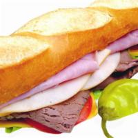 Lee'S Club Baguette Sandwich · Roast beef, turkey and ham.